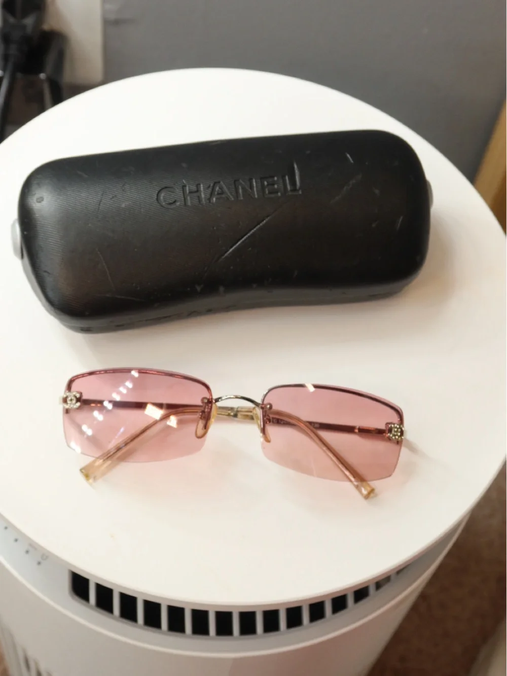 CHANEL Pink Rimless Sunglasses with rhinestones